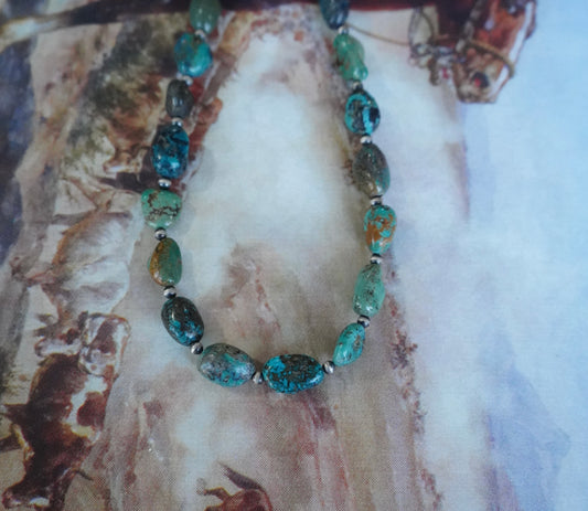 Turquoise Chunks w/ Sterling Silver Pearls Necklace - 16”