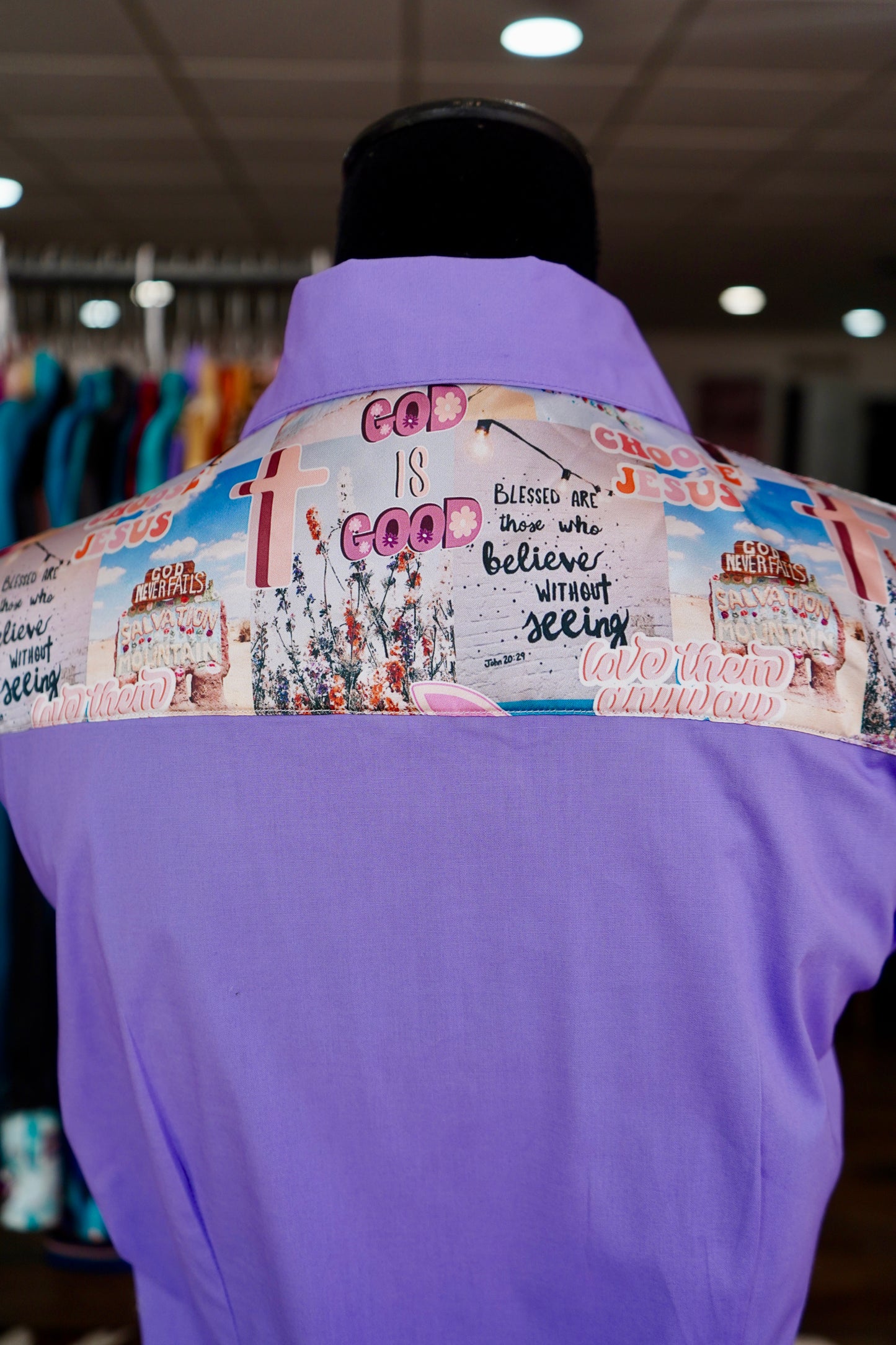 L - Blessed Is She on Lavender Cotton Button Down
