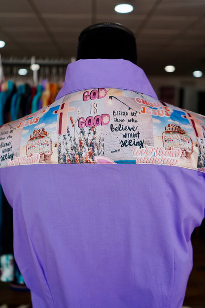 L - Blessed Is She on Lavender Cotton Button Down