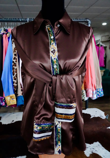 L - Withered Native Stripe on Brown Satin Button Down