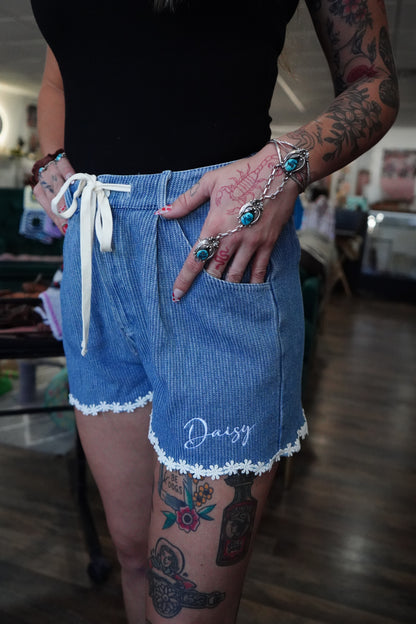 Daisy Script on Daisy Trim Denim Shorts