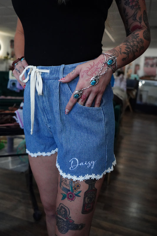 Daisy Script on Daisy Trim Denim Shorts