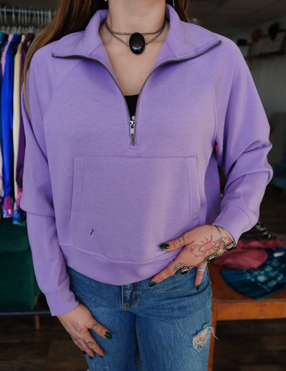 Grew Up - Lavender Zenana Scuba 1/2 Zip with Kangaroo Pocket Pullover Sweatshirt