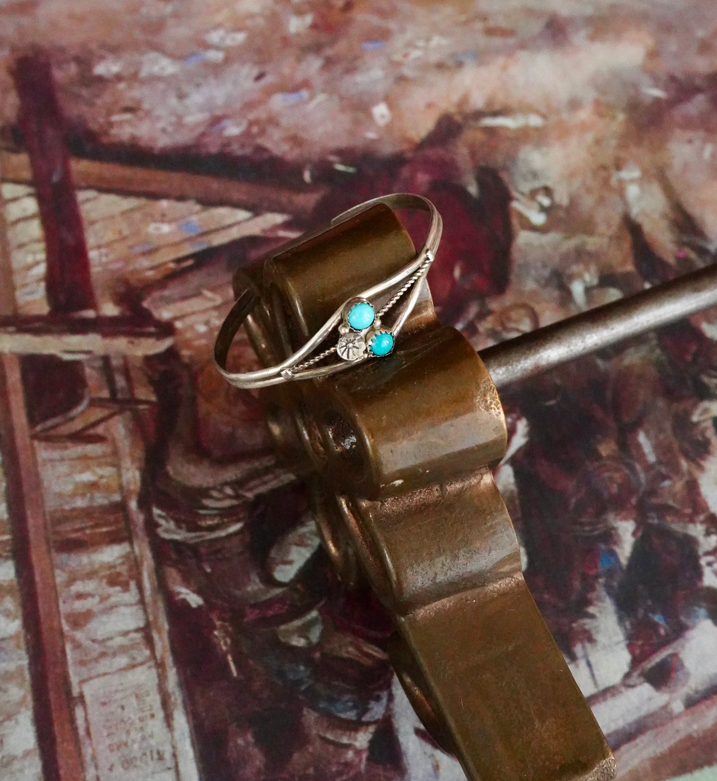 Vintage Turquoise 2 Stone w/ Silver Flower Cuff