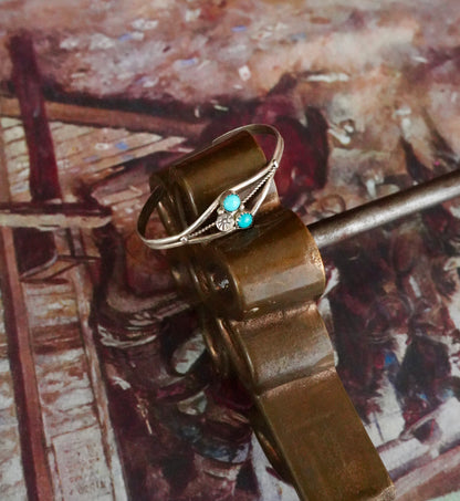 Vintage Turquoise 2 Stone w/ Silver Flower Cuff