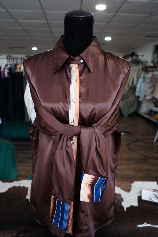 3XL - Brown & Navy Serape on Brown Satin Button Down