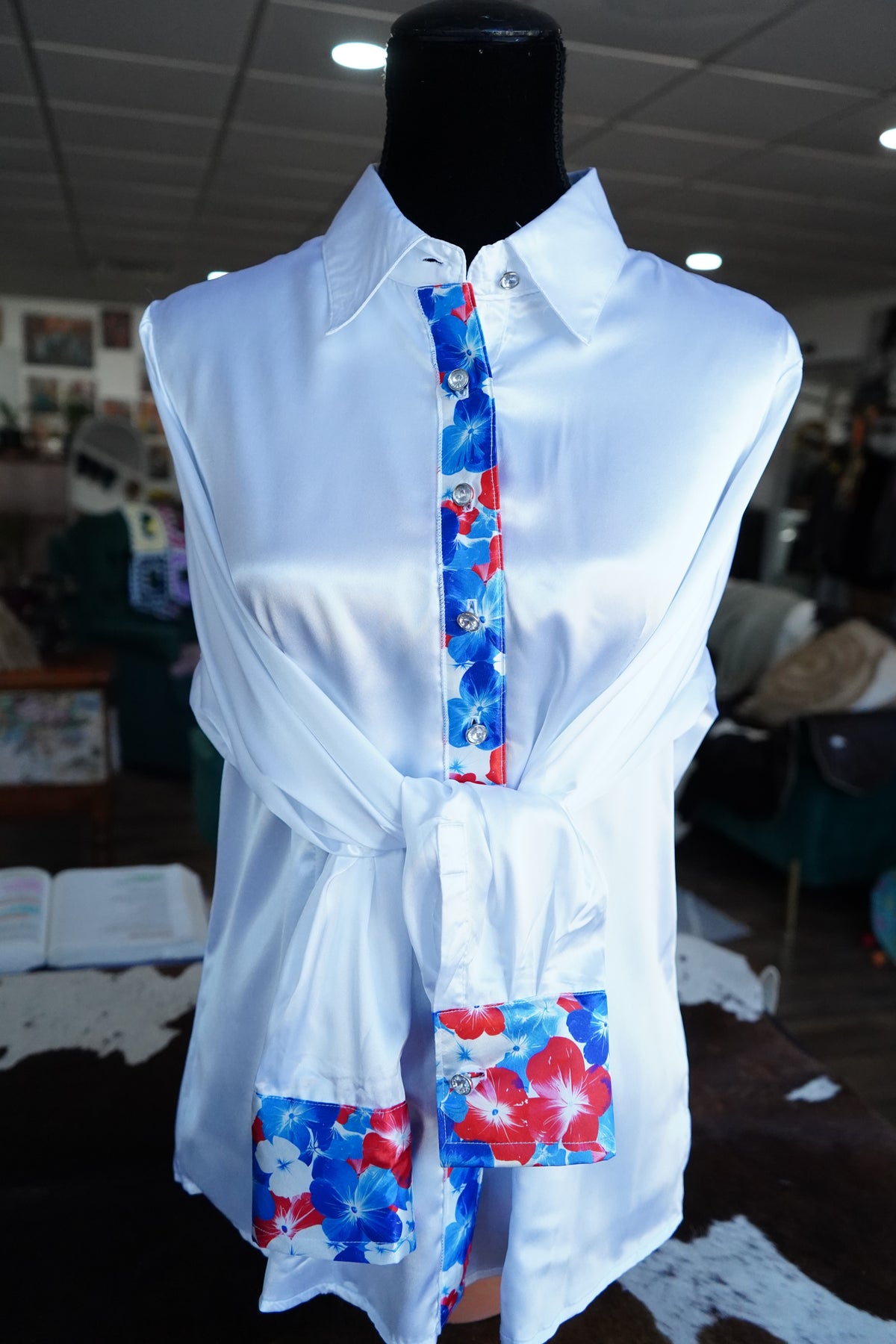XL - Patriotic Hawaiian Floral on White Satin Button Down