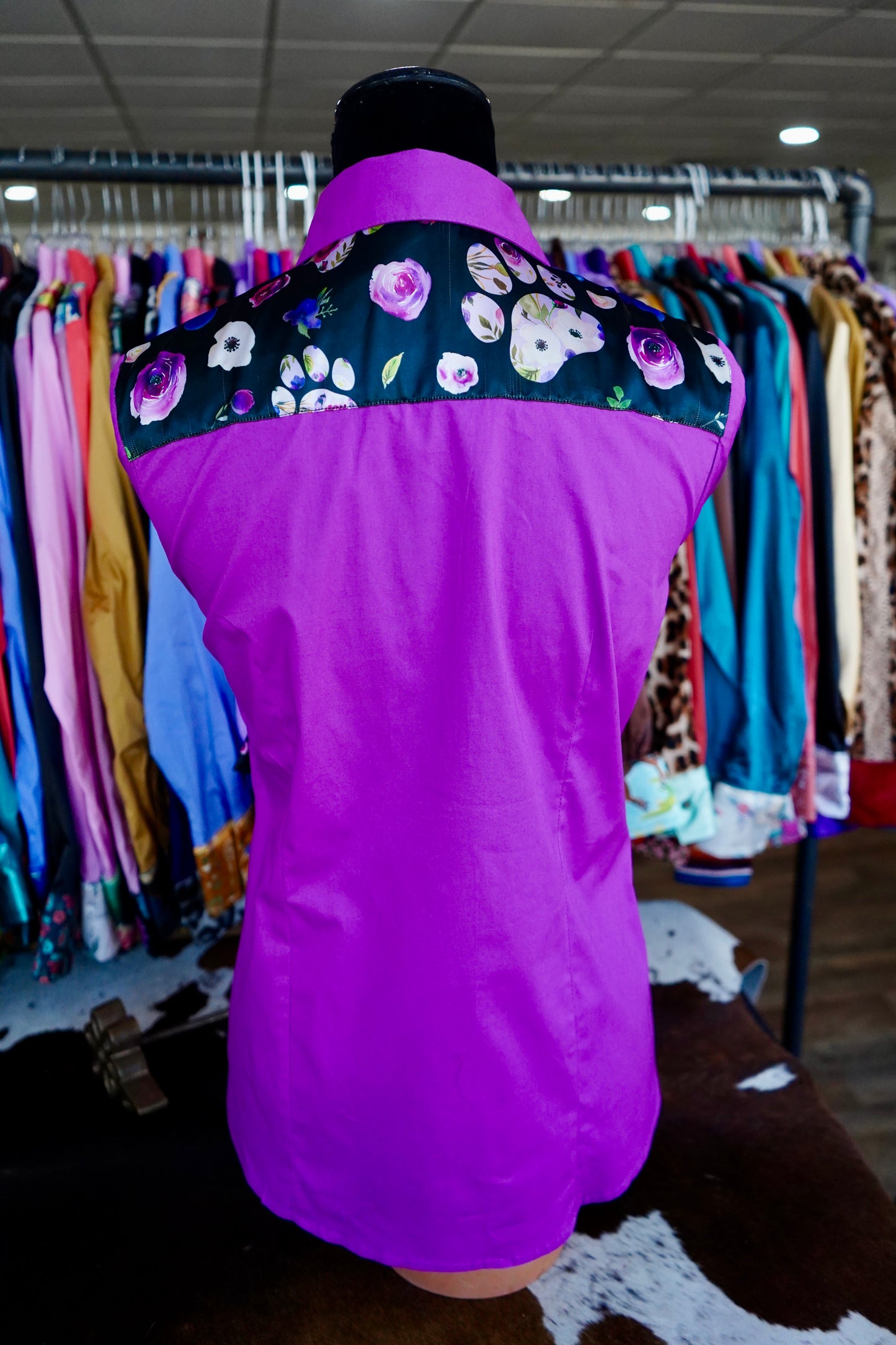 L - Floral Paw Prints on Magenta Cotton Button Down