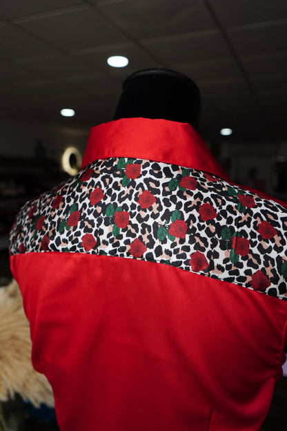 M - Daisy Roses & Cheetah on Red Button Down