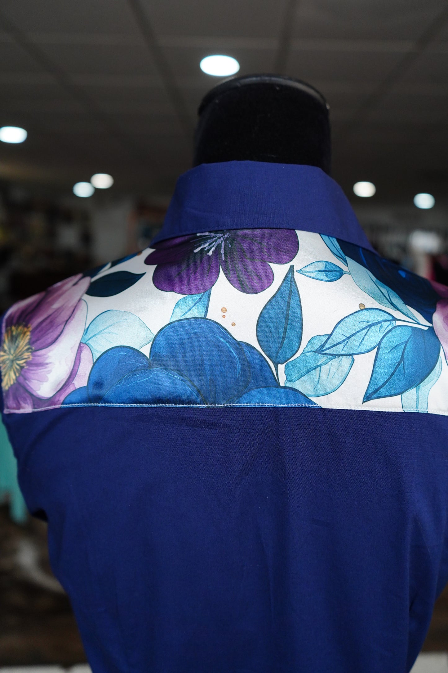 M - Navy & Purple Lg Floral on Navy Cotton Button Down