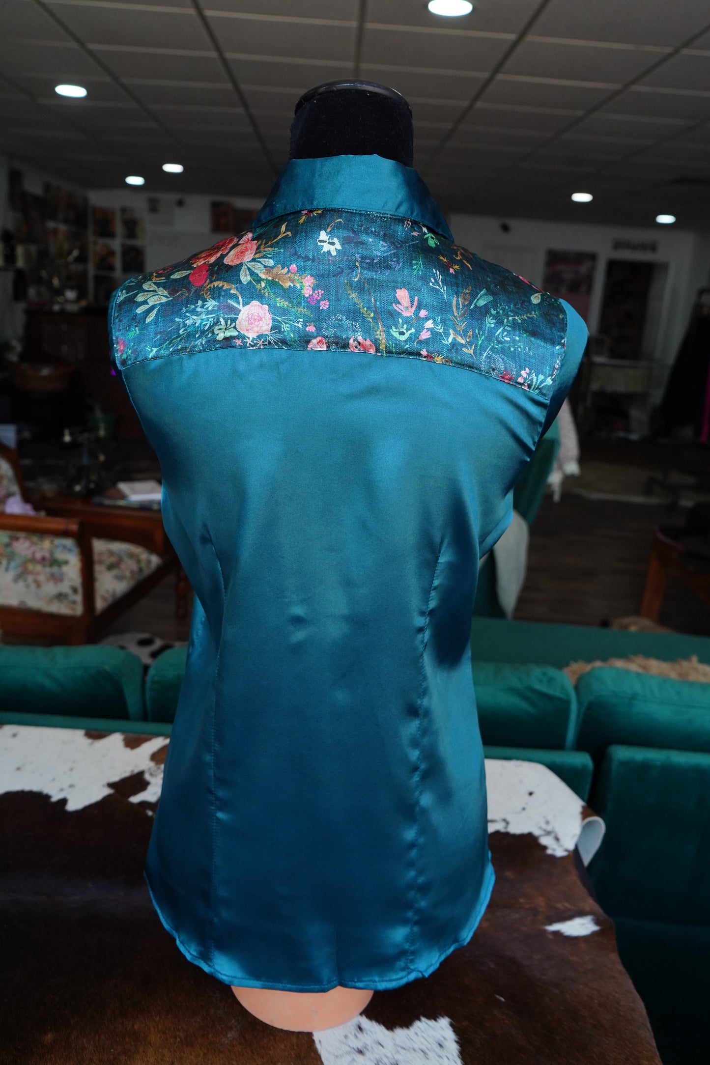 M - Navy Fable Floral on Teal Satin Button Down