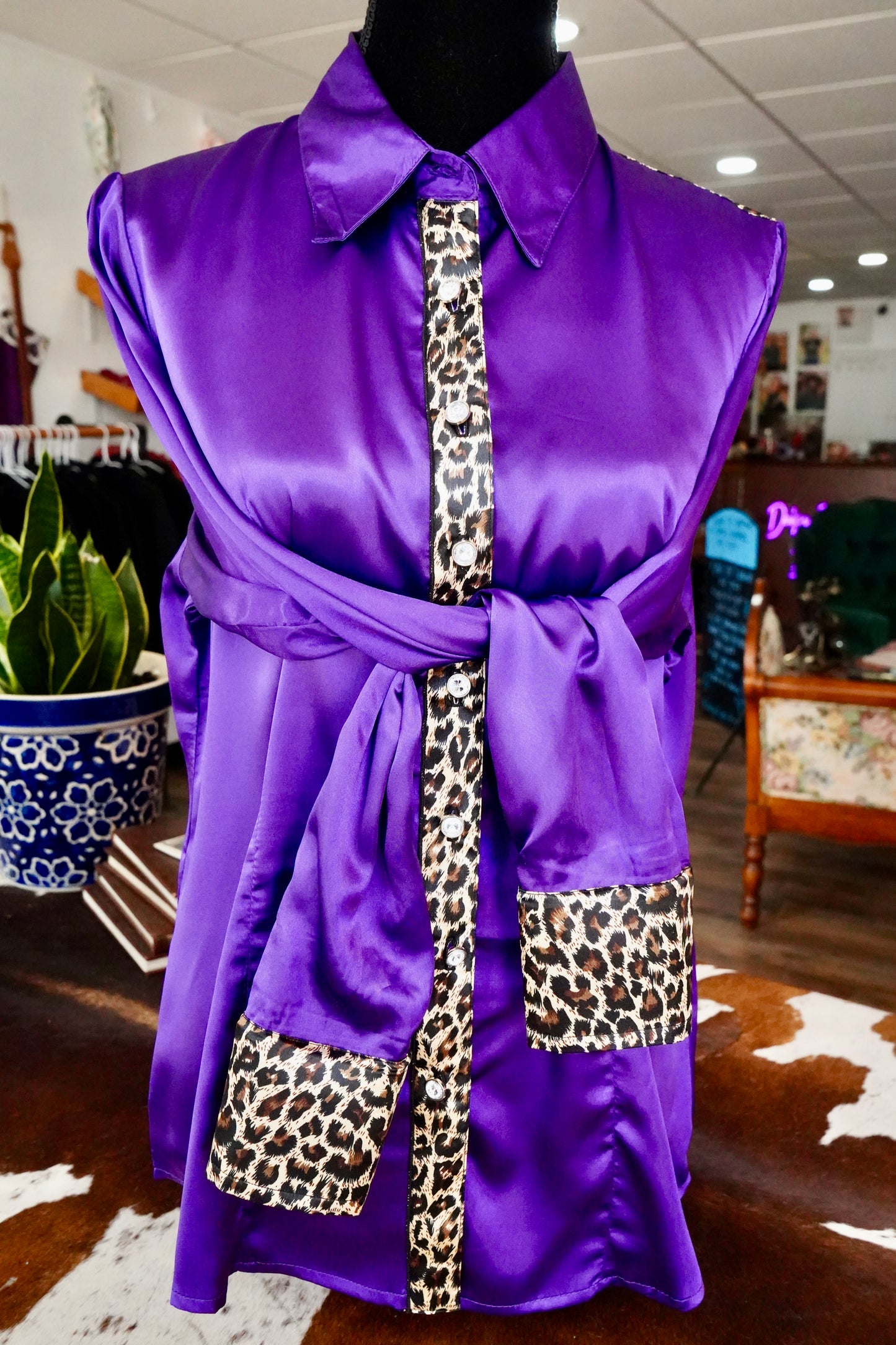 XL - Cheetah on Purple Satin Button Down