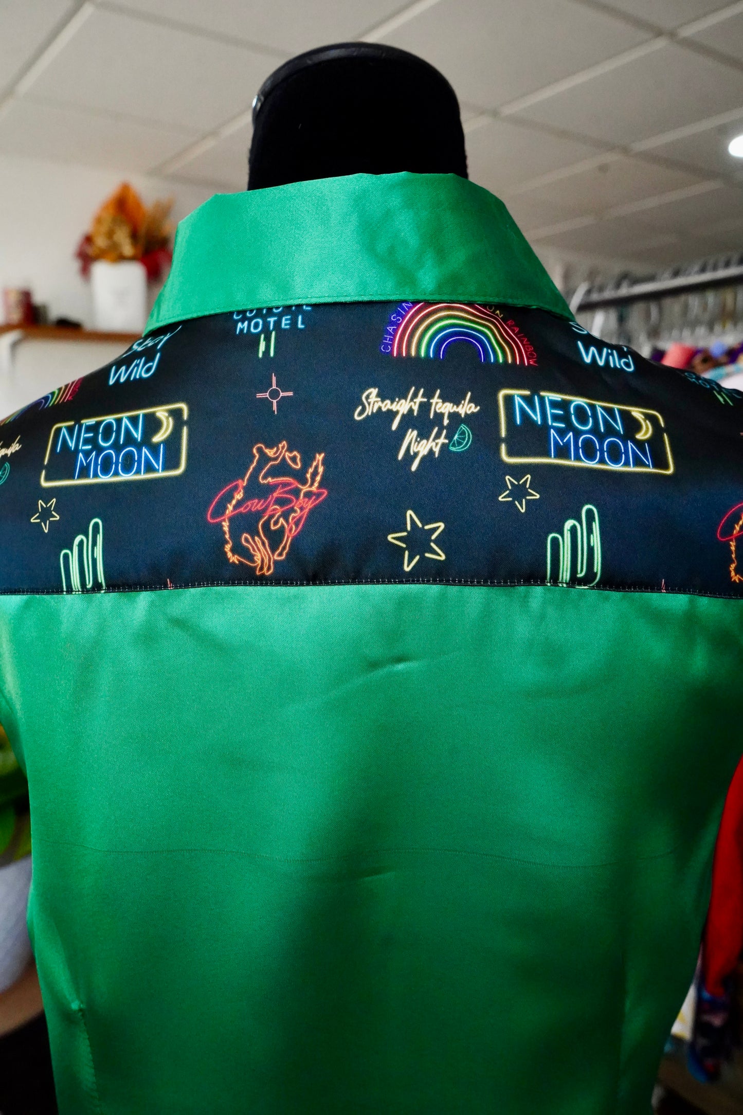 L - Neon Moon on Kelly Green Satin Button Down