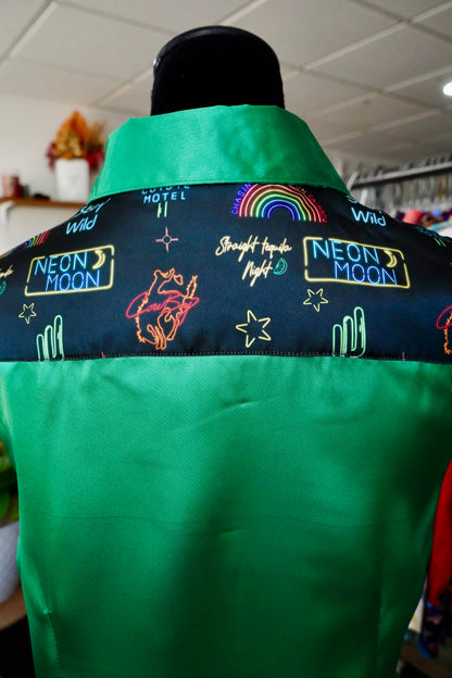 L - Neon Moon on Kelly Green Satin Button Down