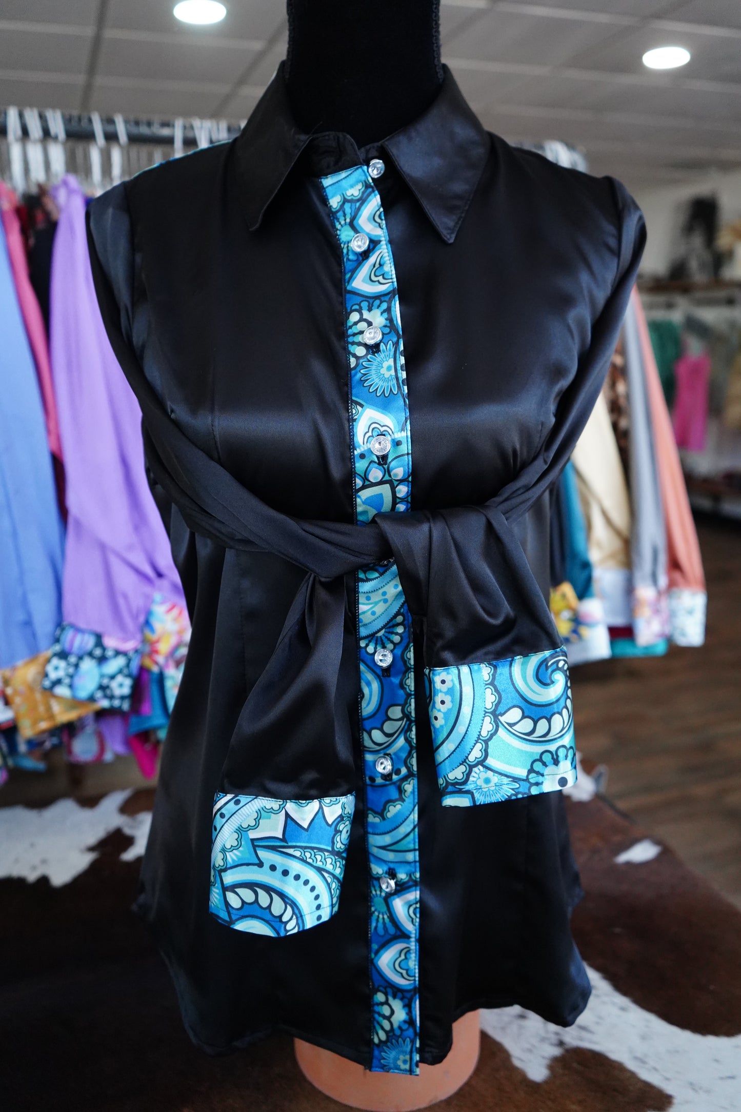 M - Blue Paisley on Black Satin Button Down