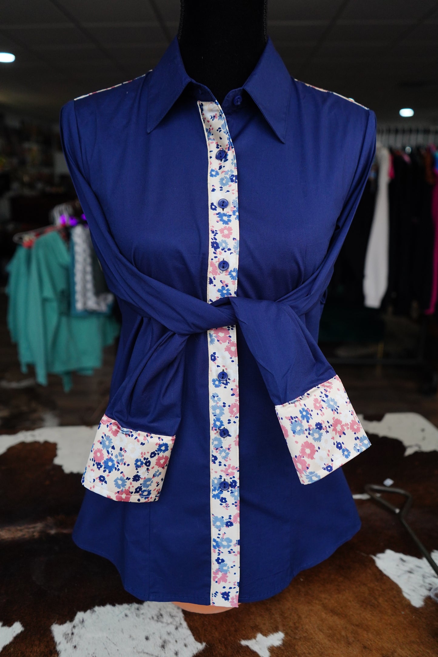 XL - Tan w/ Navy & Mauve Floral on Navy Cotton Button Down