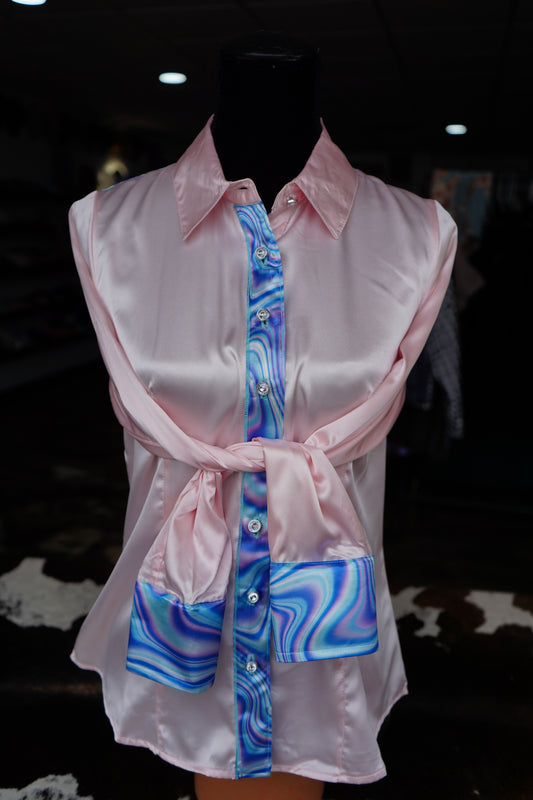 L - Light Pink n Turquoise Oil Spill on Light Pink Satin Button Down w/ Fringe