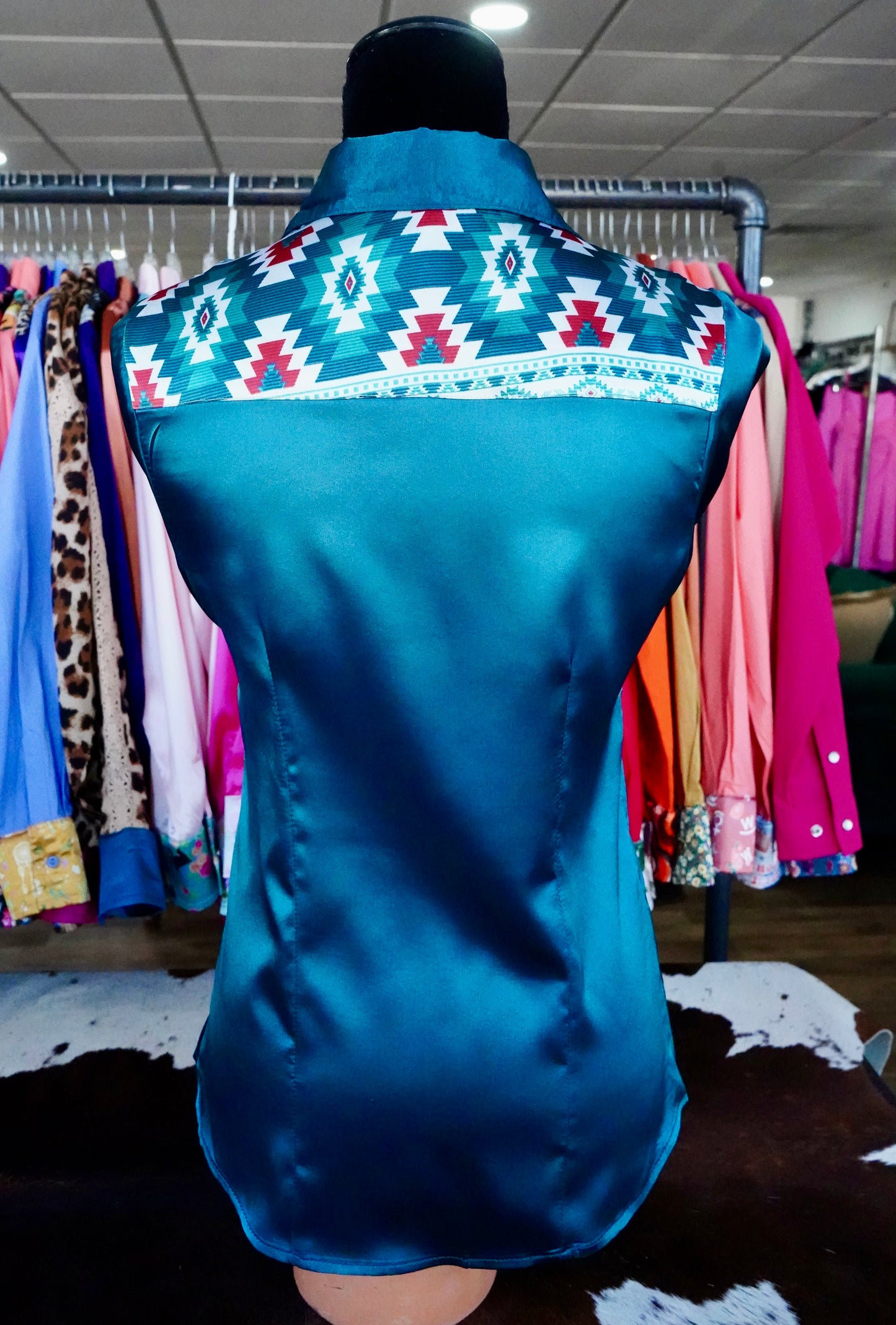 S - Teal Montana Aztec on Teal Satin Button Down