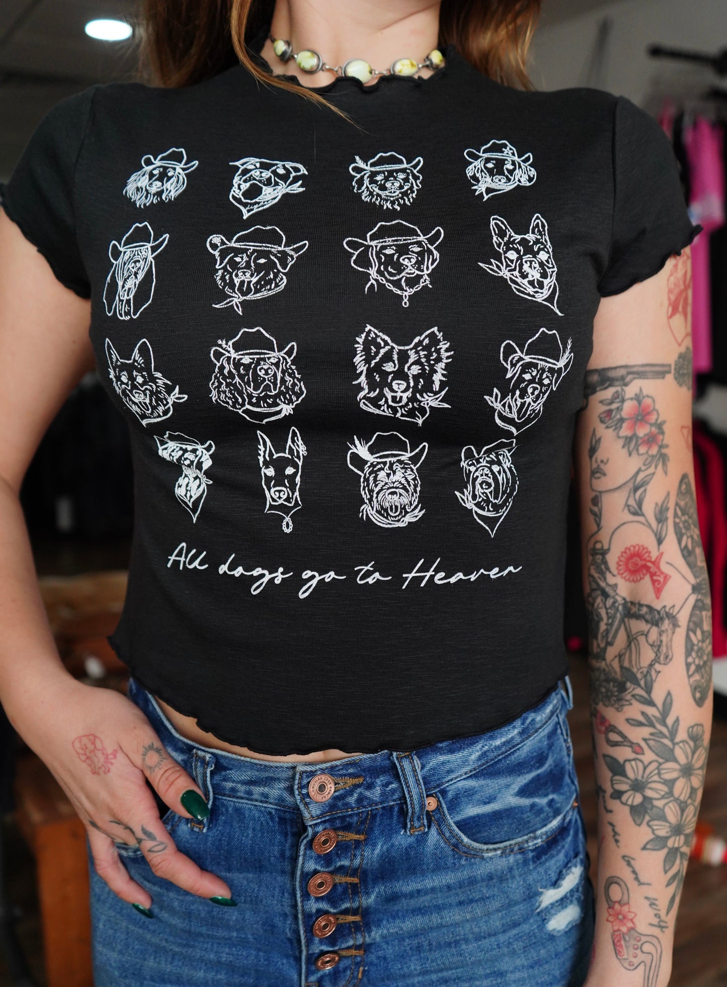 All Dogs - Black Lettuce Trimmed Crop T-Shirt