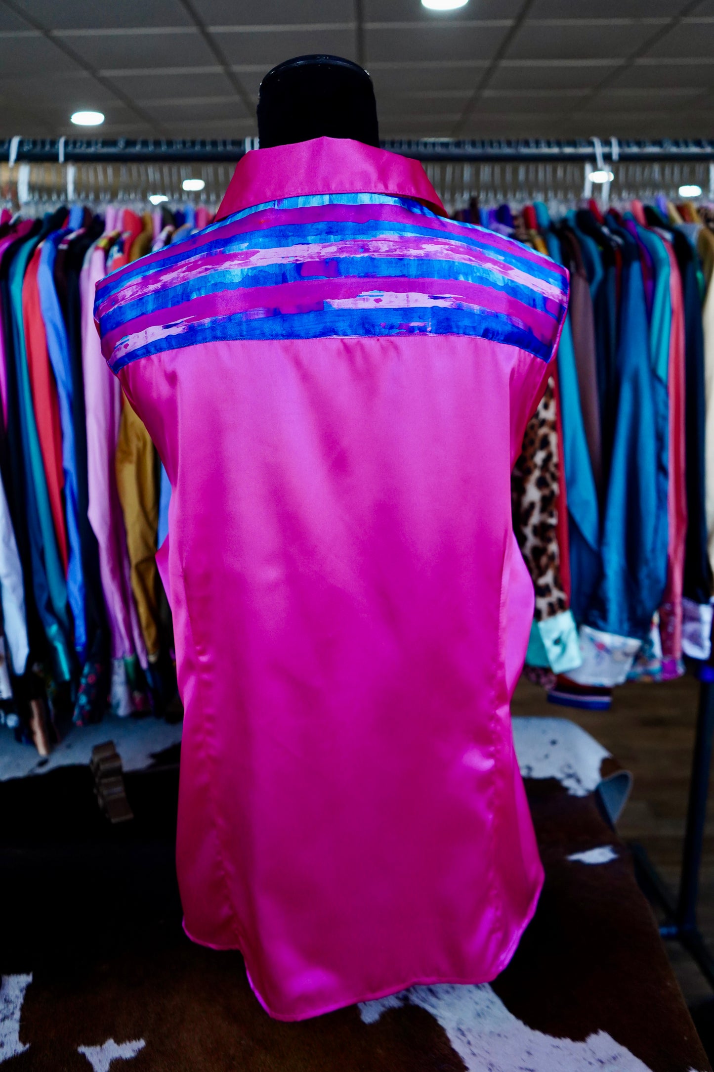 3XL - Pink & Blue Brushstrokes on Pink Satin Button Down