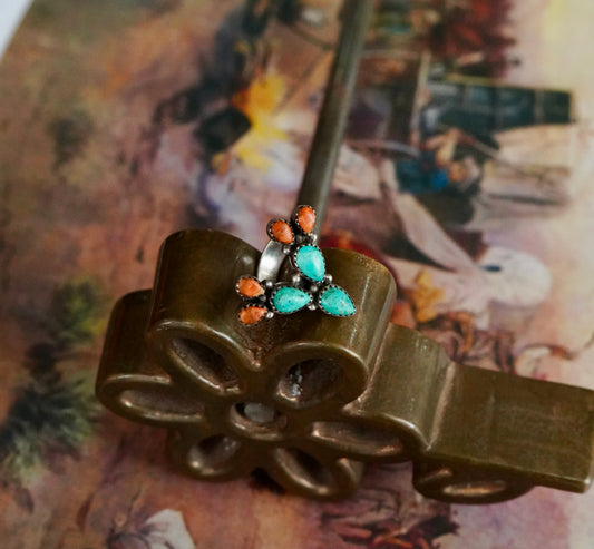 Turquoise & Apple Coral Cactus Ring - Adj
