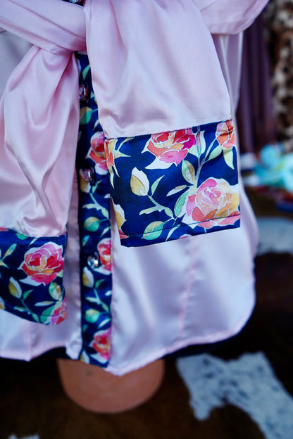 M - Glass Stained Roses on Light Pink Satin Button Down