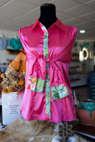 Like New - Large Jasmine Flowers on Hot Pink Button Down