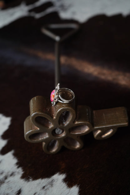 Pink Dahlia Teardrop w/ Silver Accents Ring - Sz 8