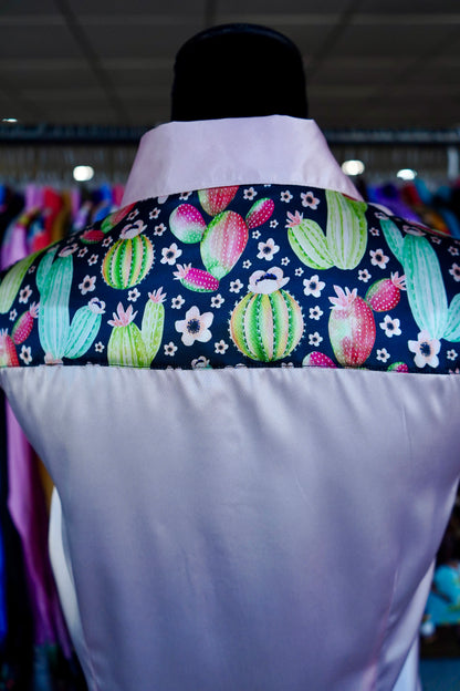 L - Pink & Green Watercolor Cacti on Light Pink Satin Button Down