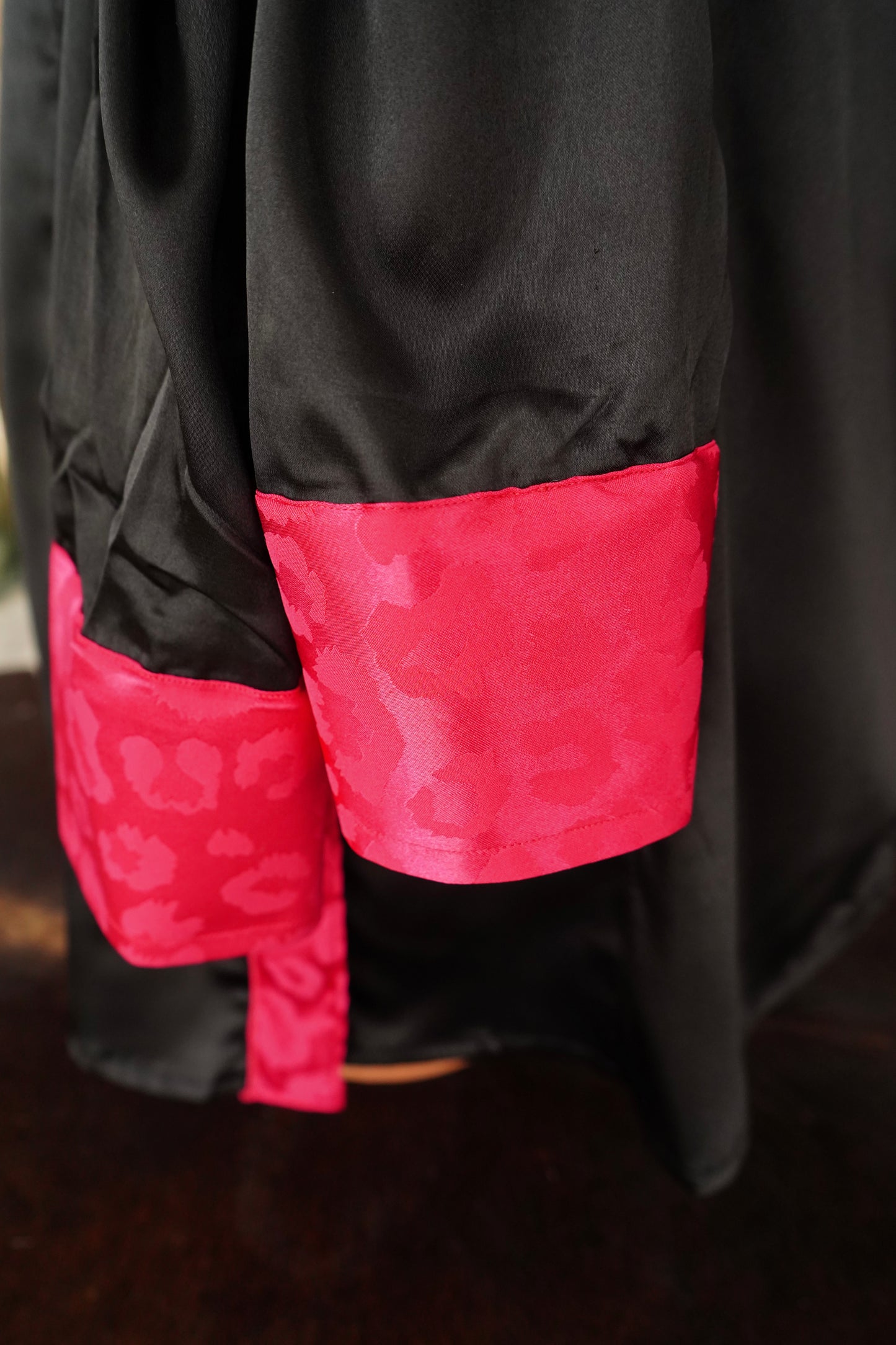 3XL - Hot Pink Cheetah Jacquard on Black Satin Button Down