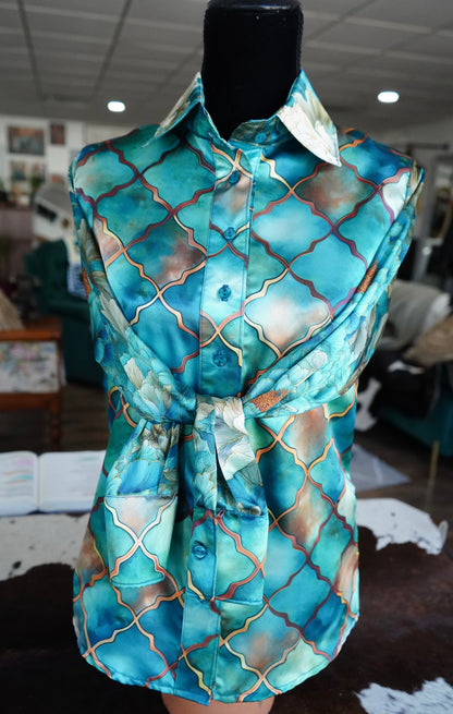 Daisy Original Teal Tiles w/ Teal Floral Button Down - Size 6