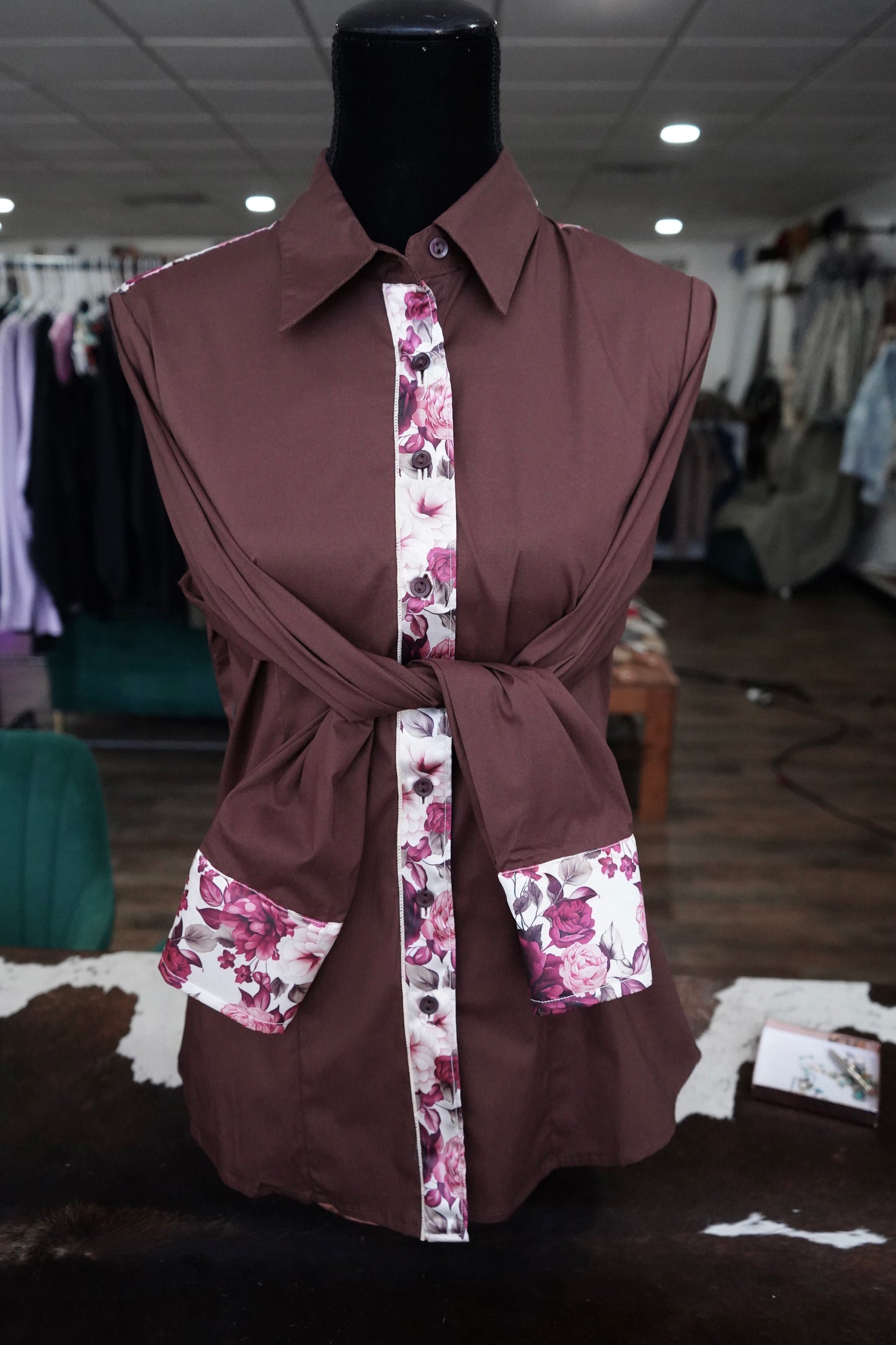 XL - Burgundy & Cream Floral on Brown Cotton Button Down