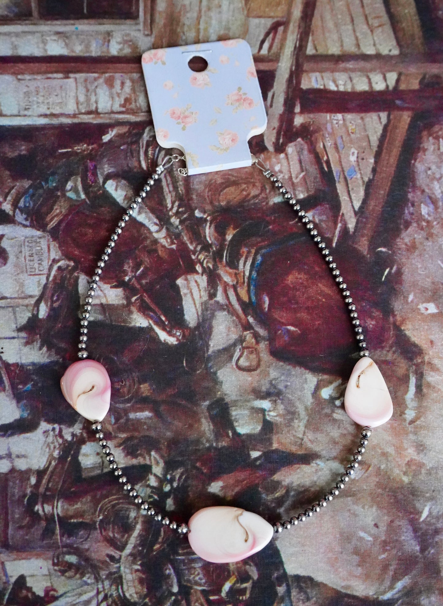 Sterling Silver Pearls w/  3 Stone Pink Conch Necklace
