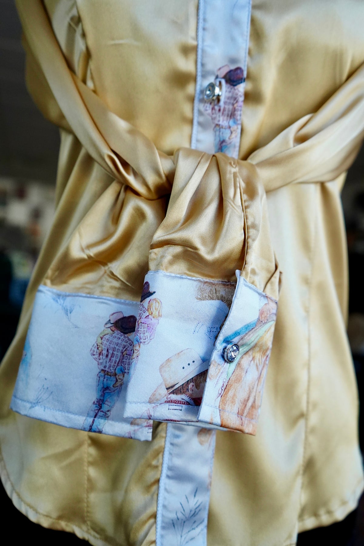 S - Raisin Cow Kids on Gold Satin Button Down