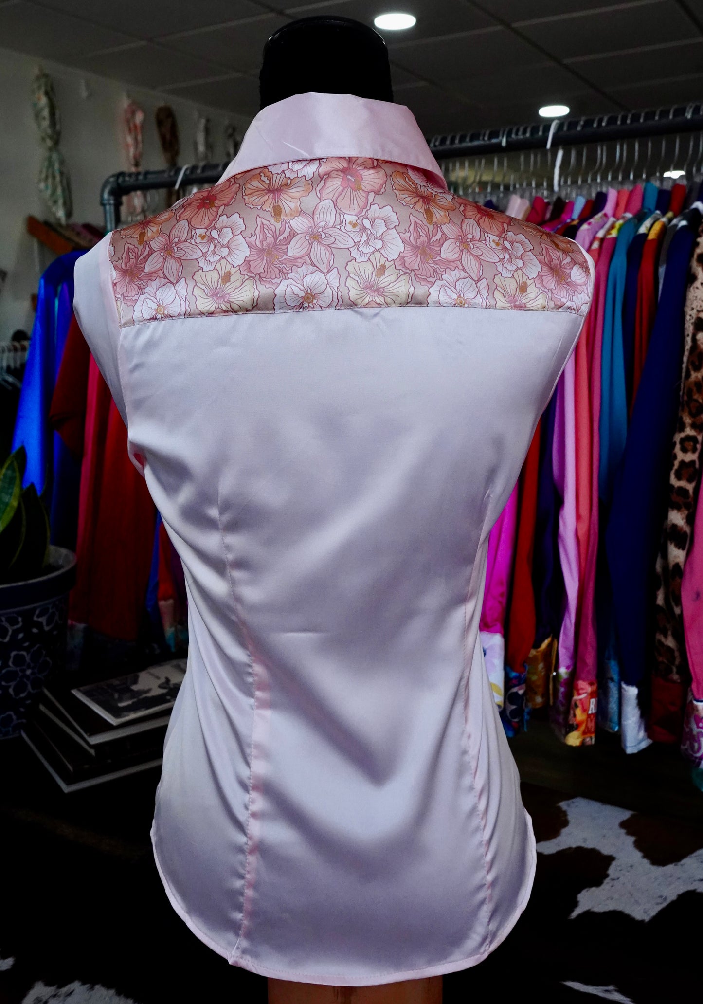 S - Pastel Hibiscus on Light Pink Satin Button Down