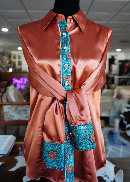 L - Teal & Rust Floral Paisley on Rust Satin Button Down