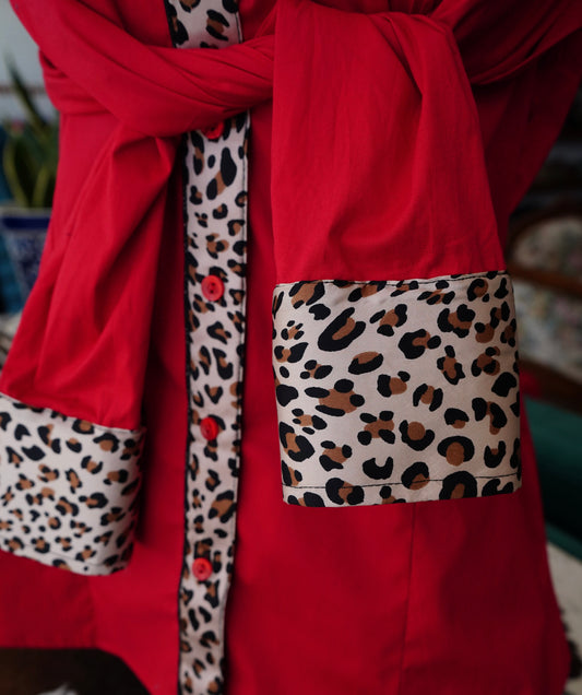 XL - Painted Cheetah on Red Cotton Button Down