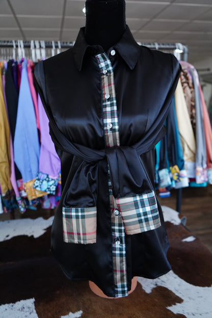 M - Gold Plaid on Black Satin Button Down