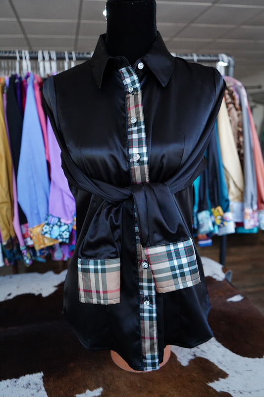 M - Gold Plaid on Black Satin Button Down