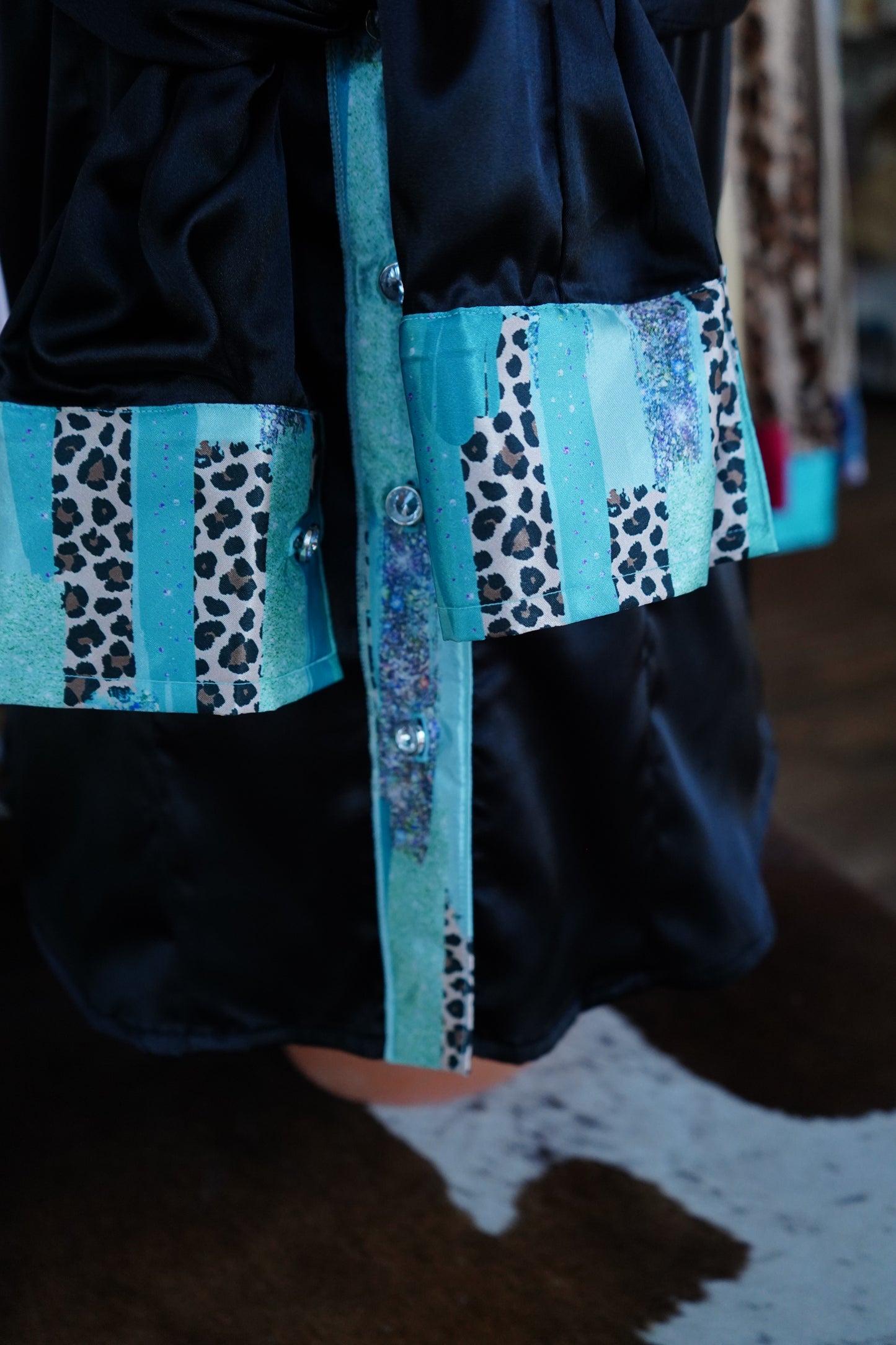 S - Cheetah Turquoise Brushstrokes on Black Satin Button Down
