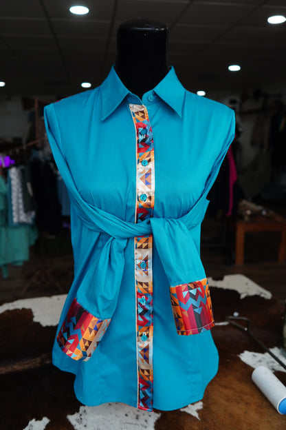 XL - Sunset Aztec on Teal Cotton Button Down