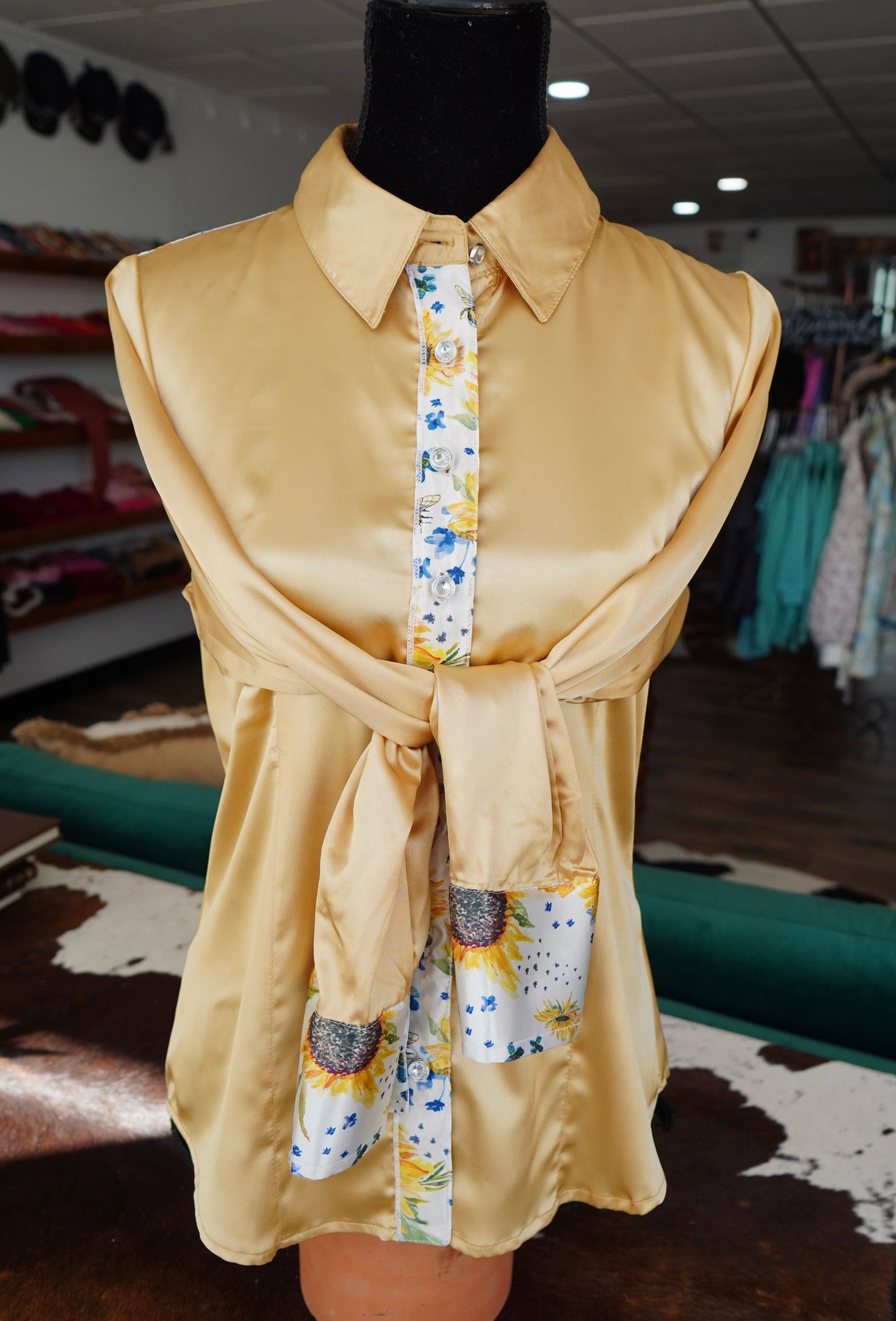 L - Original Sunflowers on Gold Satin Button Down