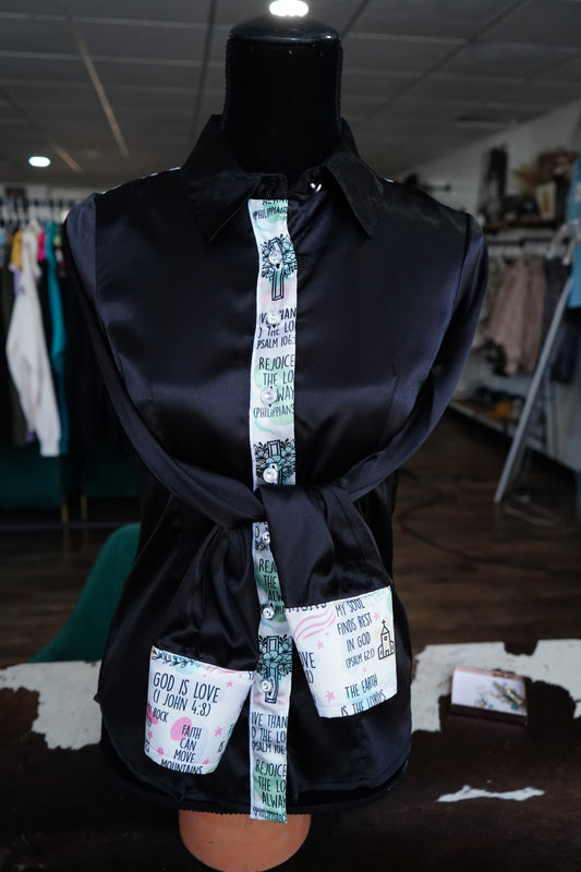 S - Faith Patches on Black Satin Button Down