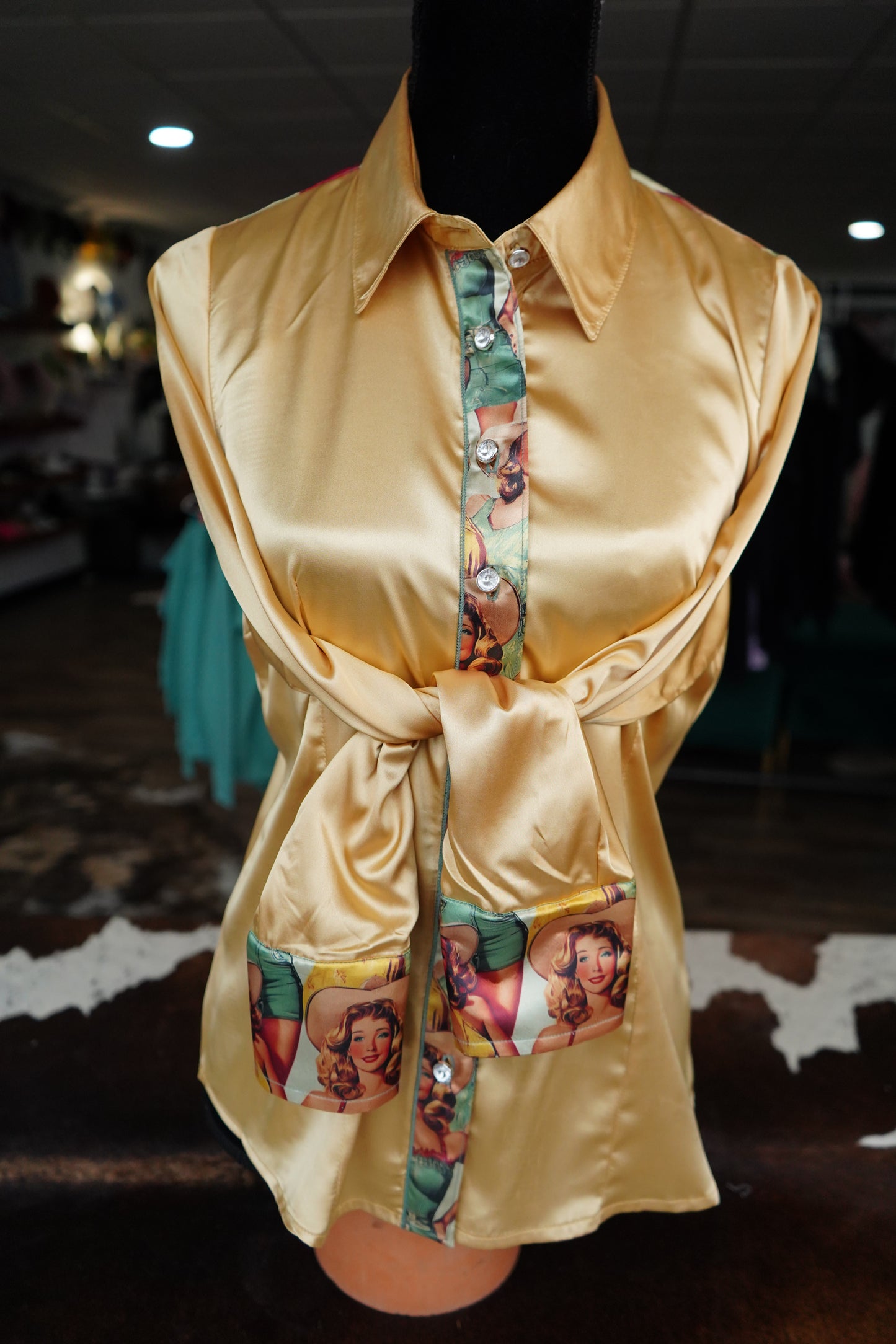 L - Sage Vintage Pinup Cowgals on Gold Satin Button Down