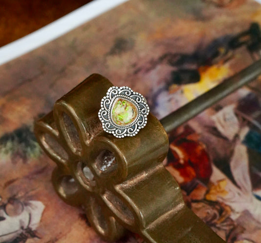 Teardrop Fire Opal w/ Silver Swirls Ring - 9.75