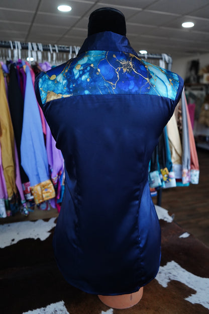 S - Gold, Emerald & Blue Watercolor on Navy Satin Button Down