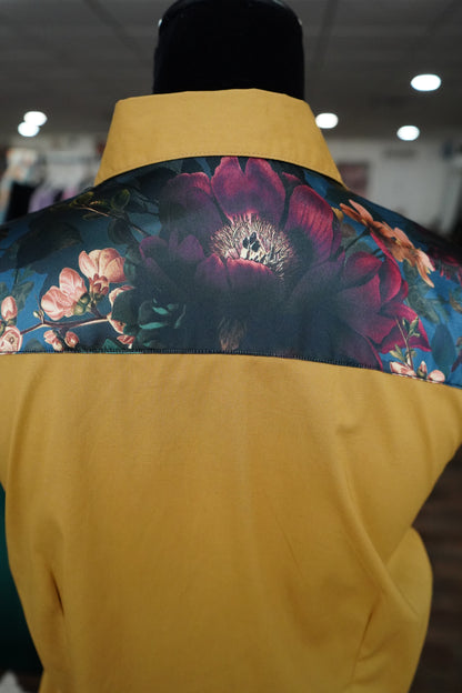 XL - Teal & Mustard Moody Floral on Mustard Cotton Button Down
