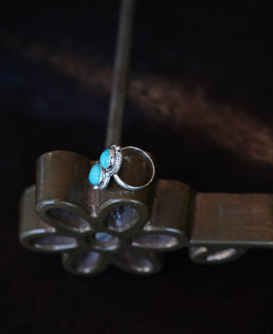 2 Stone Turquoise w/ Silver Feathers Ring - Sz 8