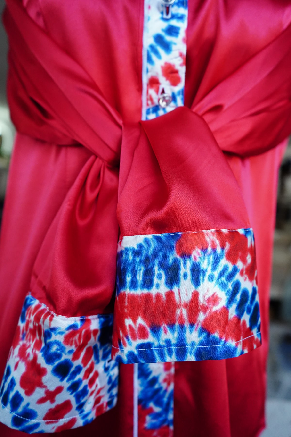L - Patriotic Tie Dye on Red Satin Button Down