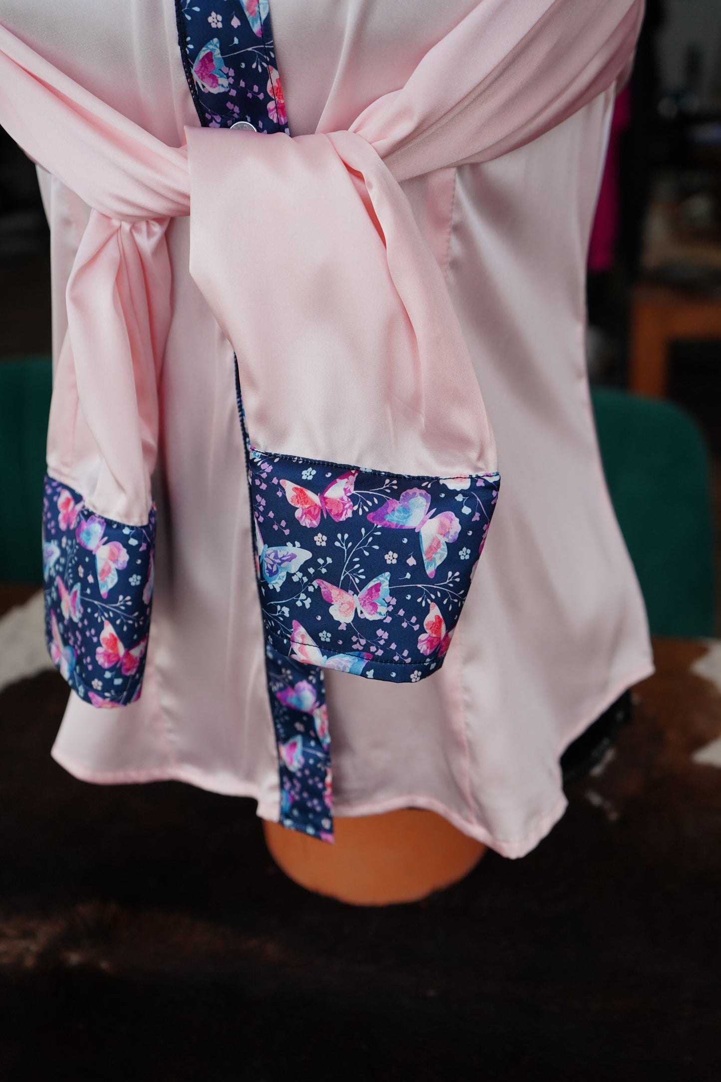 L - Pink Butterflies on Light Pink Satin Button Down